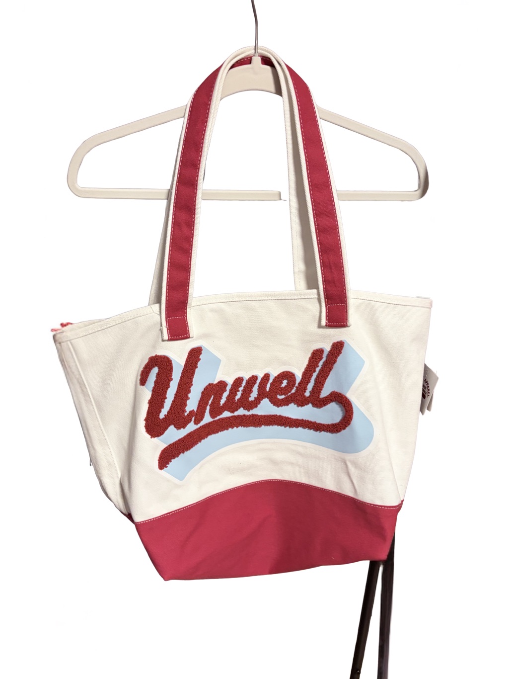 Nwt “Unwell” Canvas Tote Bag In White And Red, Open Top, Interior Pocket